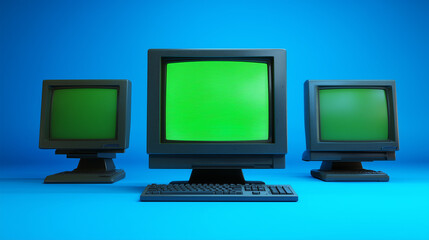 Fototapeta premium Retro Computer Monitors on Neon Blue Background with Central Green Screen — Vintage Tech Template
