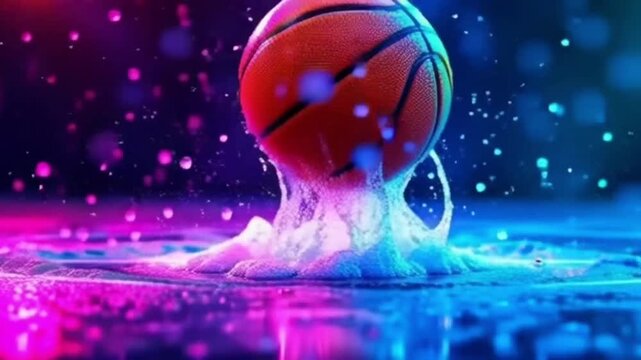 A basketball ball bouncing in the shallow water with splashes bathed in purple and blue light
