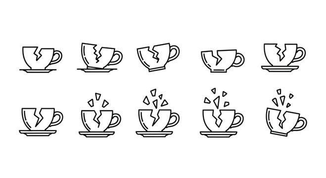 Set of cracked coffee cups with flowers blooming symbolizing resilience and new beginnings vector