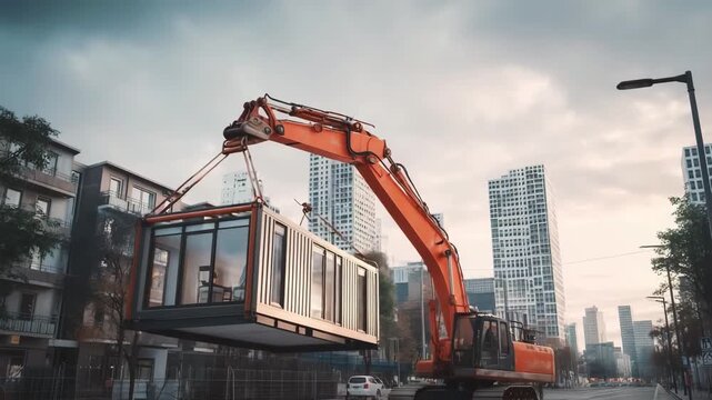 Construction crane lifting modular house modern urban building video showing engineering process