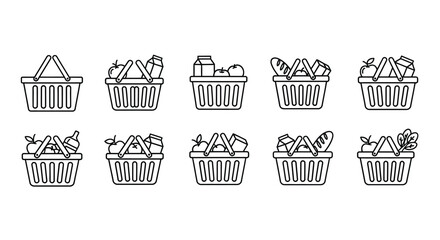 Set of ten hand drawn grocery baskets filled with fresh food items for shopping and healthy eating icons vector
