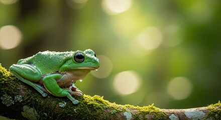 A green frog perched on a mossy branch in a lush, green forest with sunlight filtering through the leaves.