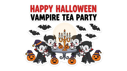 Halloween Vampire Tea Party Illustration: A charming illustration depicts a festive Halloween scene, featuring playful vampire characters enjoying a tea party with pumpkins and bats in the air. 