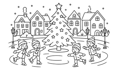 Children ice skating around festive christmas tree in winter wonderland scene