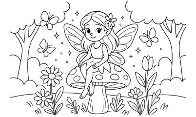 Fototapeta premium Cute fairy on mushroom with butterflies in magical forest coloring page