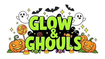 Glow & Ghouls Halloween Illustration: Spooky pumpkins, candy corn, and ghostly apparitions gather for a fun and festive celebration of All Hallows' Eve.