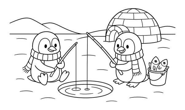 Cute penguins ice fishing near igloo in winter landscape coloring page