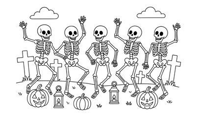 Obraz premium Dancing skeletons in a graveyard with pumpkins and lanterns in black and white