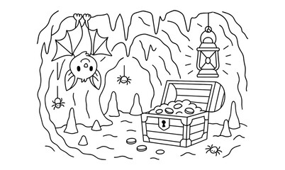 Obraz premium Treasure cave adventure: bat and chest in a mysterious grotto