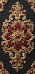 A gold and red flower design is on a black background