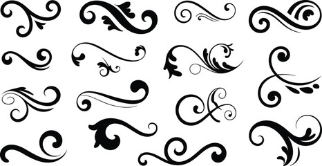 Set of elegant black decorative swirl ornaments and flourishes, vintage vector elements for borders, invitations, and classic design projects