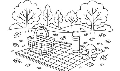 Coloring page of autumn picnic scene with basket in forest