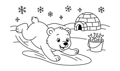 Obraz na płótnie Canvas Playful polar bear sliding in snowy winter scene with igloo and fish Obraz na płótnie Canvas Playful polar bear sliding in snowy winter scene with igloo and fish