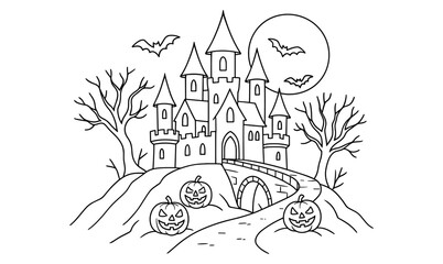 Haunted halloween castle with spooky pumpkins and bats in black and white outline