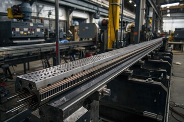 Fototapeta premium Metal fabrication area showcasing a perforated rod and stretched cables