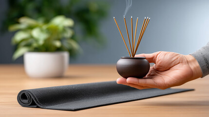 Hand Holding Incense Burner with Smoke on Yoga Mat for Relaxation and Meditation