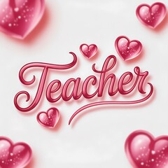 Pink hearts and the word Teacher in elegant cursive script education school