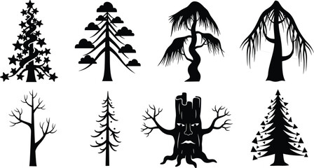 Stylized tree silhouettes, whimsical forest icons, fantasy foliage patterns, festive botanical art, decorative nature designs, creative vector illustration, imaginative seasonal artwork set