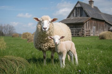 Fototapeta premium Lamb and sheep standing in front of a rustic barn