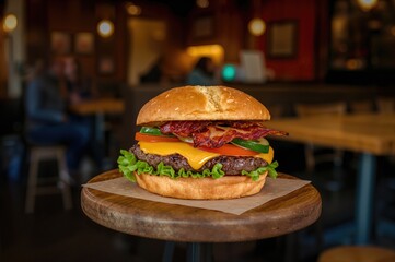 Delicious beef burger topped with bacon, cheese, and fresh vegetables, served at a casual dining spot