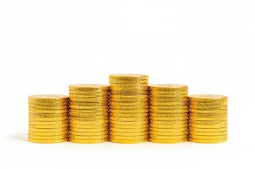 Piles of shiny gold coins on a plain white backdrop