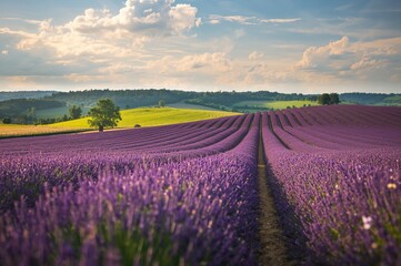 Obraz premium Beautiful scenery featuring a vast lavender field with a shallow depth of field