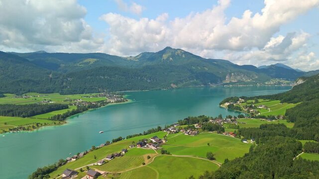 aerial view of landscape Lake Wolfgangsee and the town Sankt Wolfgang, Austria