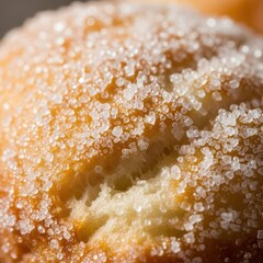 Extreme closeup of a fluffy pastry generously coated in sparkling coarse sugar crystals, highlighting the sweet, crunchy topping and soft texture within