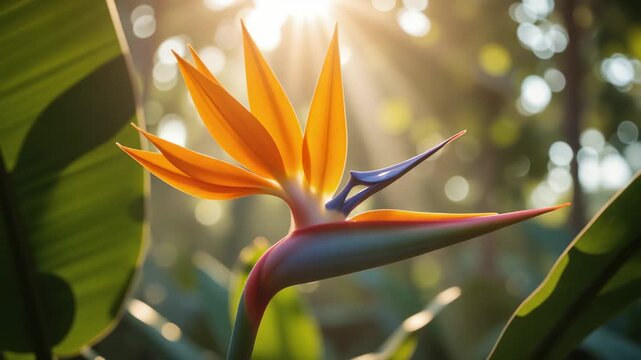 Bird of Paradise Flower in Sunlight &ndash; Exotic Tropical Bloom with Natural Lens Flare for Nature Documentaries, Spa Videos, and Luxury Resort Marketing