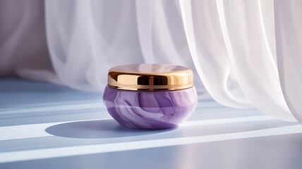 Elegant purple and gold cream jar on a soft white background