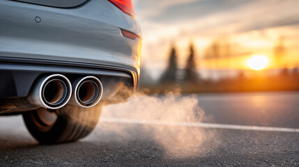 Car exhaust pipe emitting smoke at sunset, symbol of air pollution, emissions, and automotive industry. Perfect for environment, transport, ecology, and energy projects.