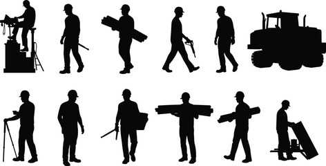 Black silhouette construction workers with tools, hard hats, and machinery illustration representing teamwork, labor, safety, engineering, and building industry concept