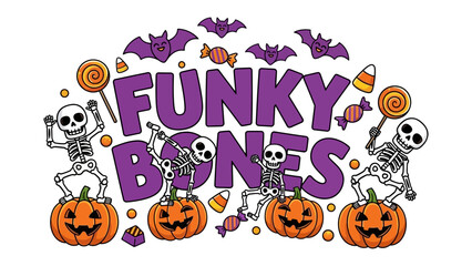 Funky Bones Halloween Delight: Halloween graphic features whimsical dancing skeletons and spooky pumpkins, embodies the essence of Halloween with festive sweets and playful bats.