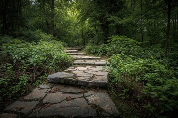 Rocky trail winding through dense greenery