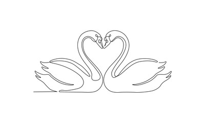 Continuous line art of two swans forming heart shape isolated on transparent background