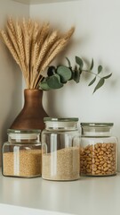 Glass jars with grains and nuts on a shelf with wheat and eucalyptus