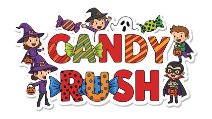 Candy Rush Halloween Extravaganza: Charming cartoon characters gleefully chase the delightful prospect of sugary treats, creating a scene brimming with playful delight.