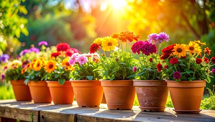 Beautiful Potted Flowers in Sunny Garden.