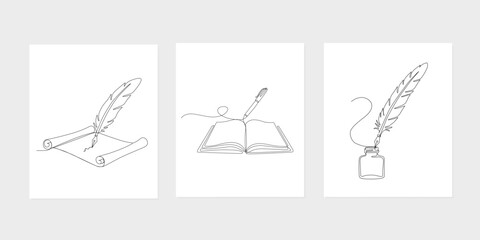 Minimal continuous line illustration of classic writing tools set