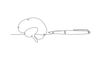 Minimal one line drawing of brain connected with pen symbolizing creativity isolated on transparent background