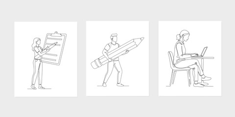 Minimal one line drawing of people creating and working concept illustration set