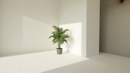 Green plant in a pot in a bright white room corner with sunlight