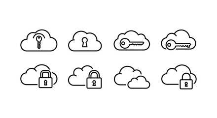 Cloud security icons set featuring locks and keys for data protection and access control vector