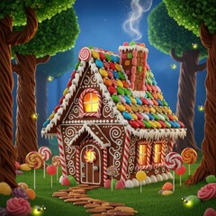 Enchanting gingerbread house adorned with colorful candies and lollipops, nestled in a magical forest at night with fireflies