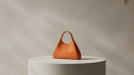 Stylish orange leather handbag on a white podium in studio shot
