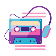 retro cassette tape with headphones neon vaporwave.