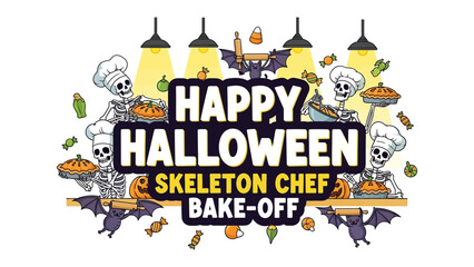 Happy Halloween Bake-Off: Halloween-themed illustration of skeleton chef baking treats, offering a playful and festive invitation to celebrate the spooky season.