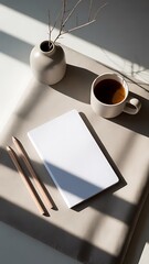 Notebook with coffee and pencils on table in sunlight top view