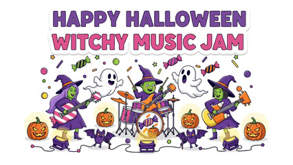 Happy Halloween Witchy Music Jam: Whimsical Halloween-themed illustration with witches jamming together with joyful spirits. The scene is set with pumpkins, bats, and candy.