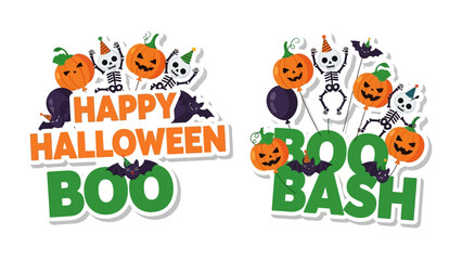 Spooky Halloween Greetings: A vibrant arrangement of spooky elements, including pumpkins, skeletons, and bats, forms festive greetings for the Halloween season.